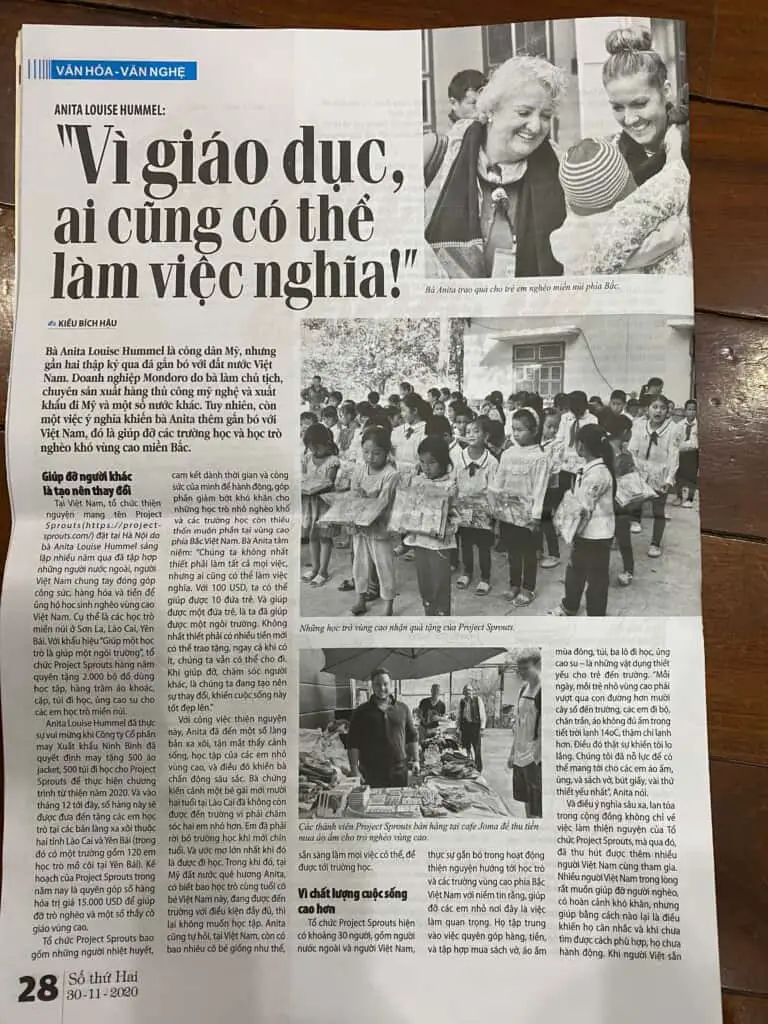 Vietnamese Newspaper Article About Anita Hummel and her work with Project Sprouts 