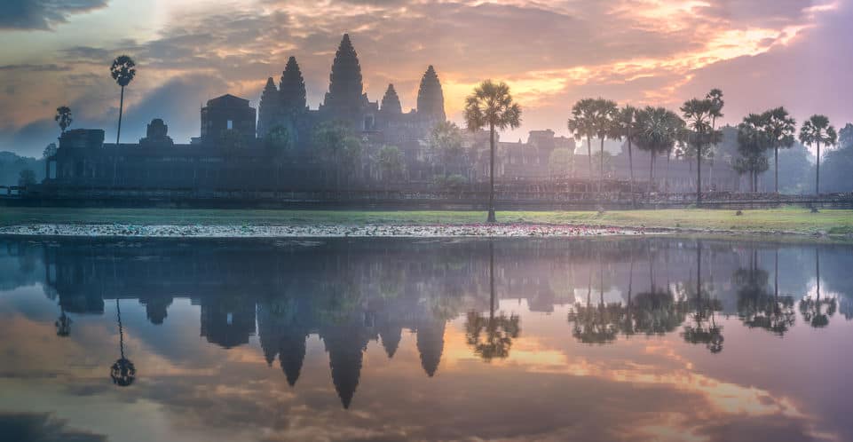 Sunrise view of Angkor Wat in Siem Reap Cambodia. You can see the 5 pillars.