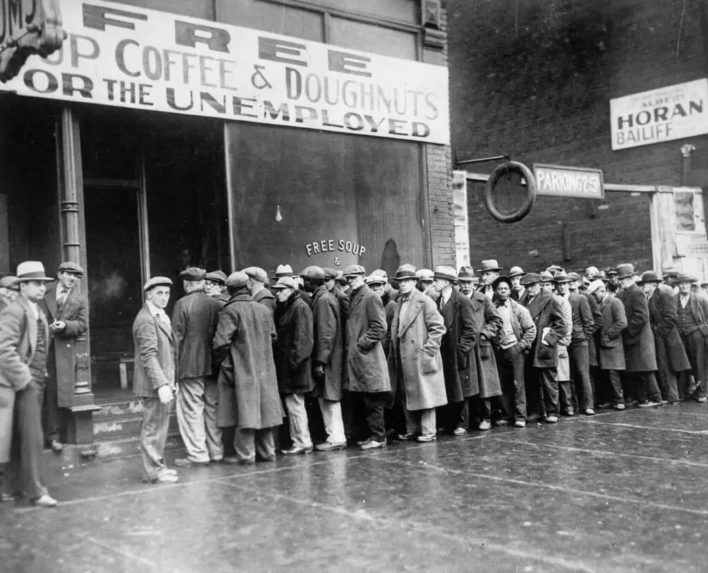A line of unemployed individuals formed outside a soup kitchen in Chicago.