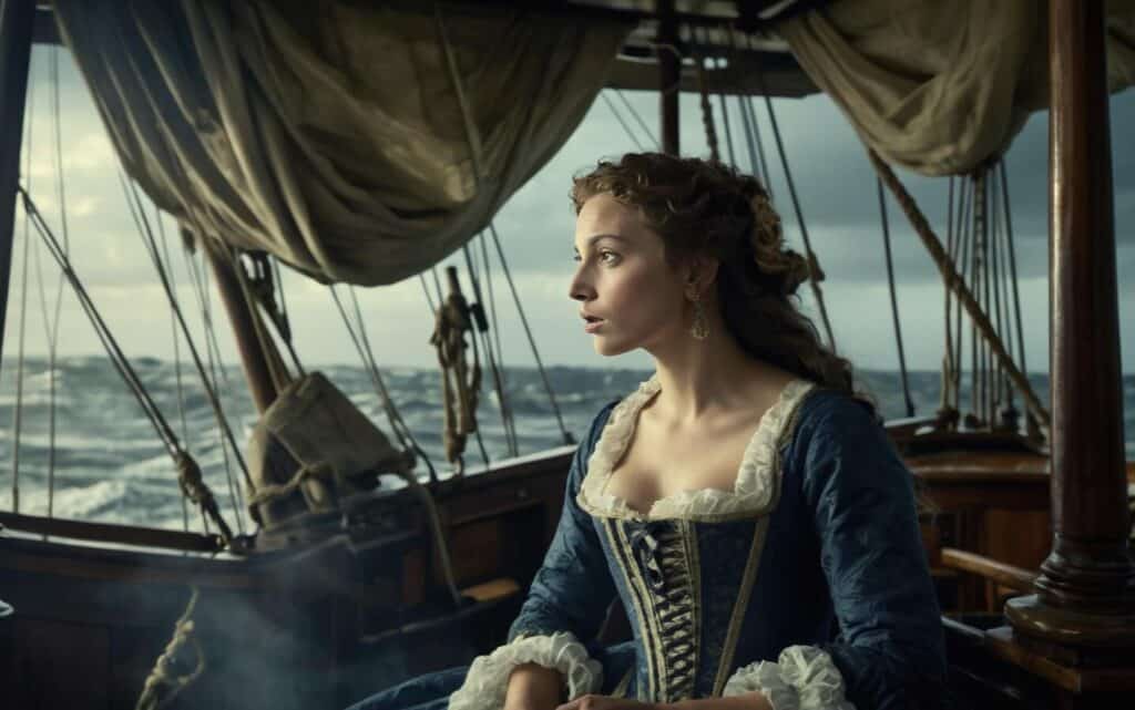 a woman in a blue dress sitting on a boat