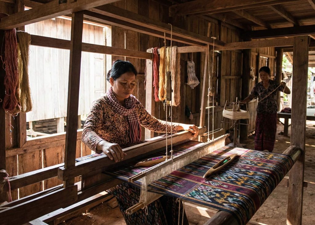 Weaving fabric in Cambodia