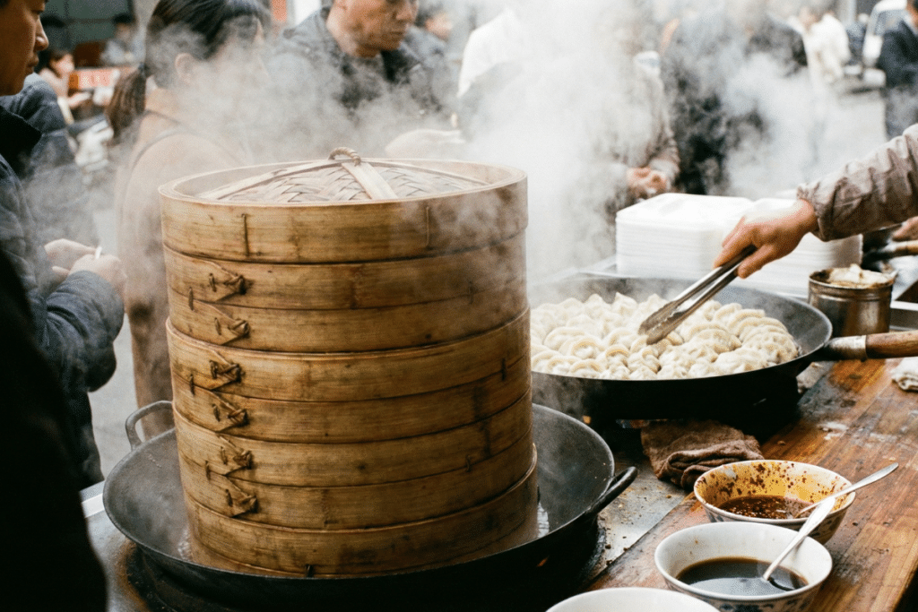 Chinese steaming food as jiaozi or dumplings. 