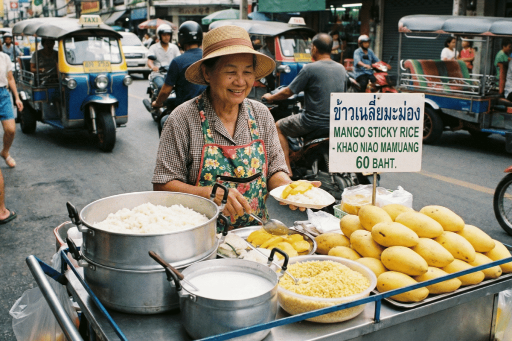 Street Vendor in Thailand selling Mango and Sticky rice