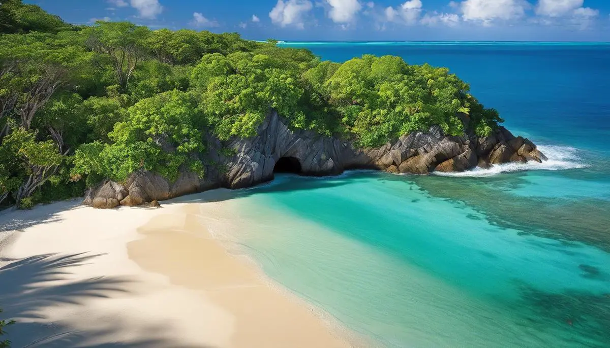 A breathtaking view of the North American Caribbean Isles featuring turquoise waters, golden sands, and lush greenery.