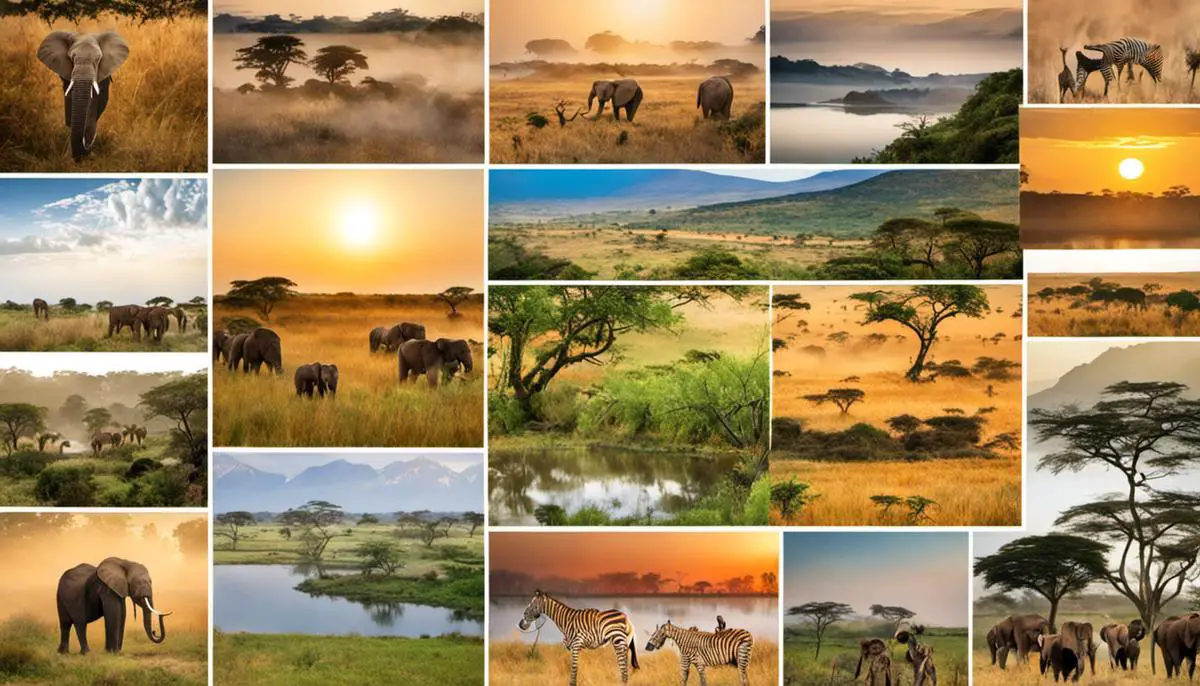 A collage of images showcasing the diverse landscapes, wildlife, and cultural experiences of English-speaking African nations.
