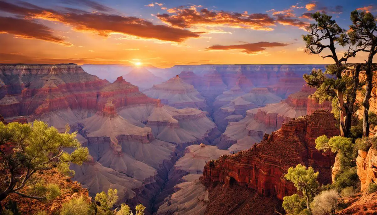 A breathtaking view of the Grand Canyon landscape, with vibrant colors painted across the canyon walls, showing the sheer beauty and grandeur of this natural wonder.