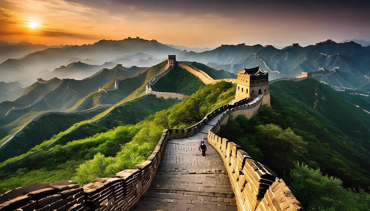 A magnificent photograph of the Great Wall of China winding its way across the vast landscape, standing tall and enduring through the ages.