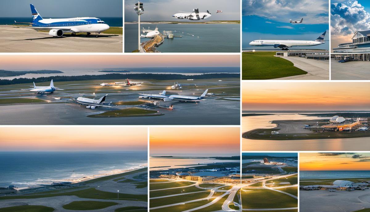 A collage of the main airports serving the Outer Banks, showing airplanes, runways, and airport terminals.