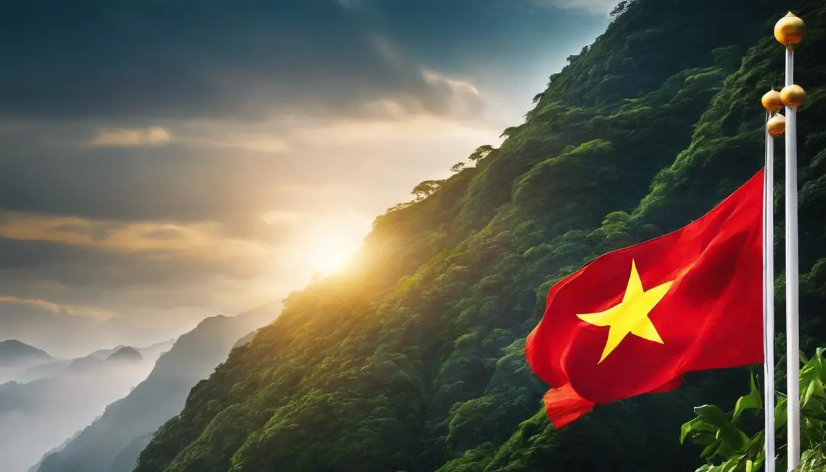 Image of the North Vietnamese flag fluttering in the wind, symbolizing resilience, unity, and freedom.