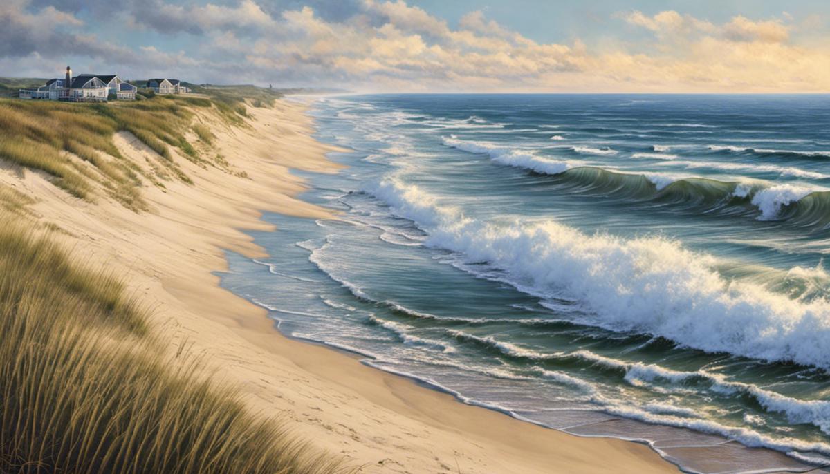 A scenic view of the sandy shores of the Outer Banks, with waves crashing against the coast