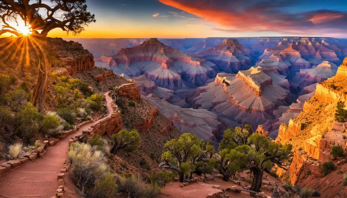 A mesmerizing view of South Kaibab Trail, showcasing the vibrant colors of the Grand Canyon and the winding path through the rugged terrain.