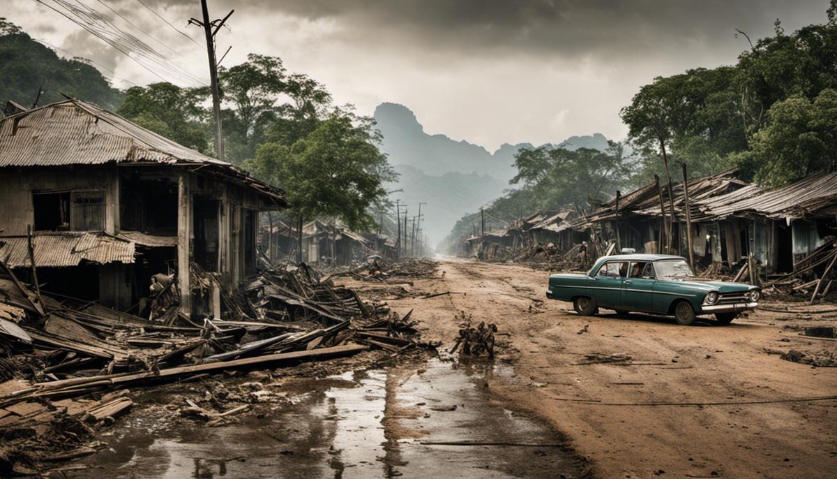 Image of the aftermath of the Vietnam War, depicting destroyed infrastructure, deforested areas, and the effects on the Vietnamese populace and the United States.